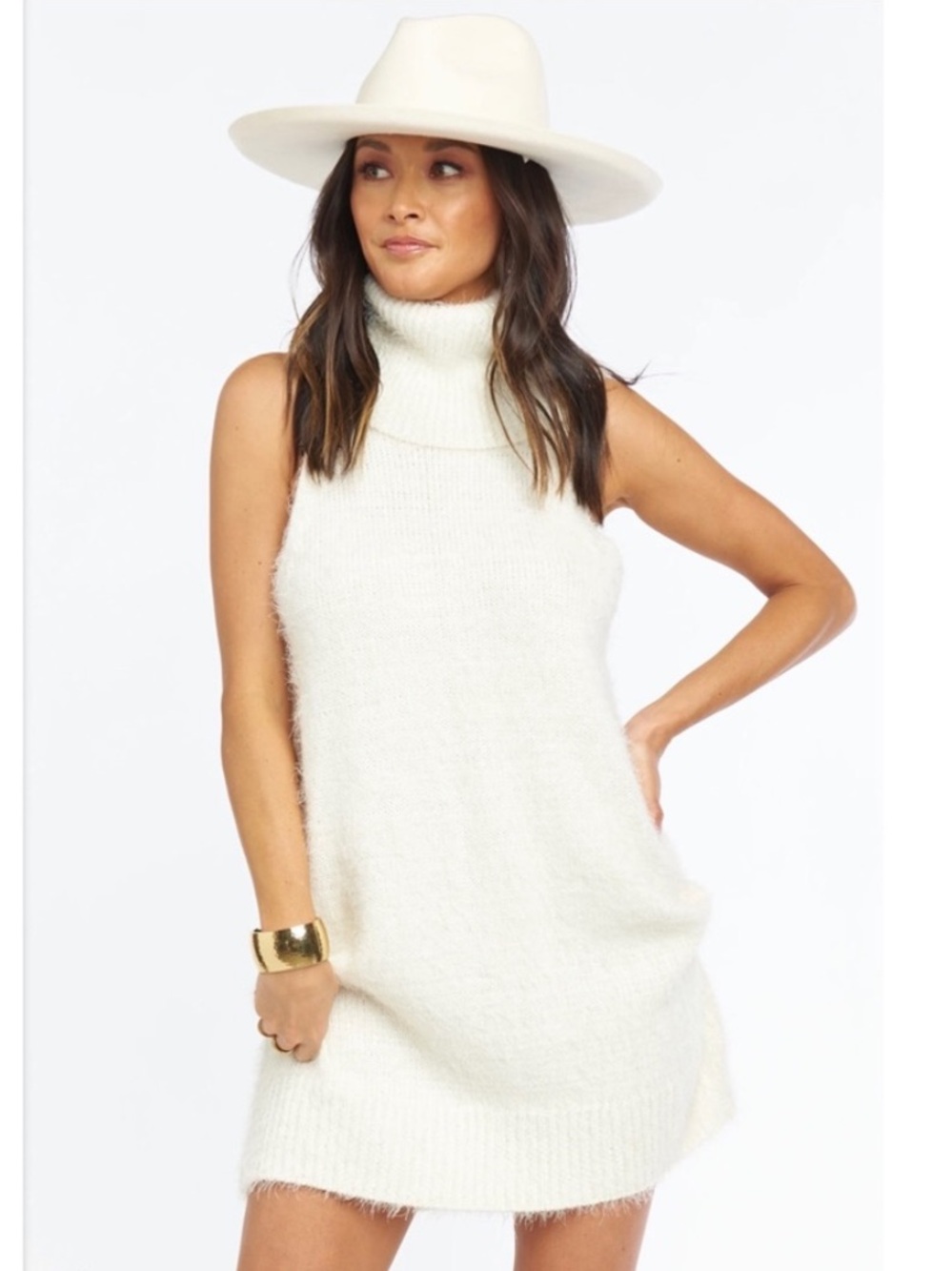 Show Me Your MuMu Cream Fauna Sleeveless Wool Turtleneck Fuzzy Knit Dress Sz Sm